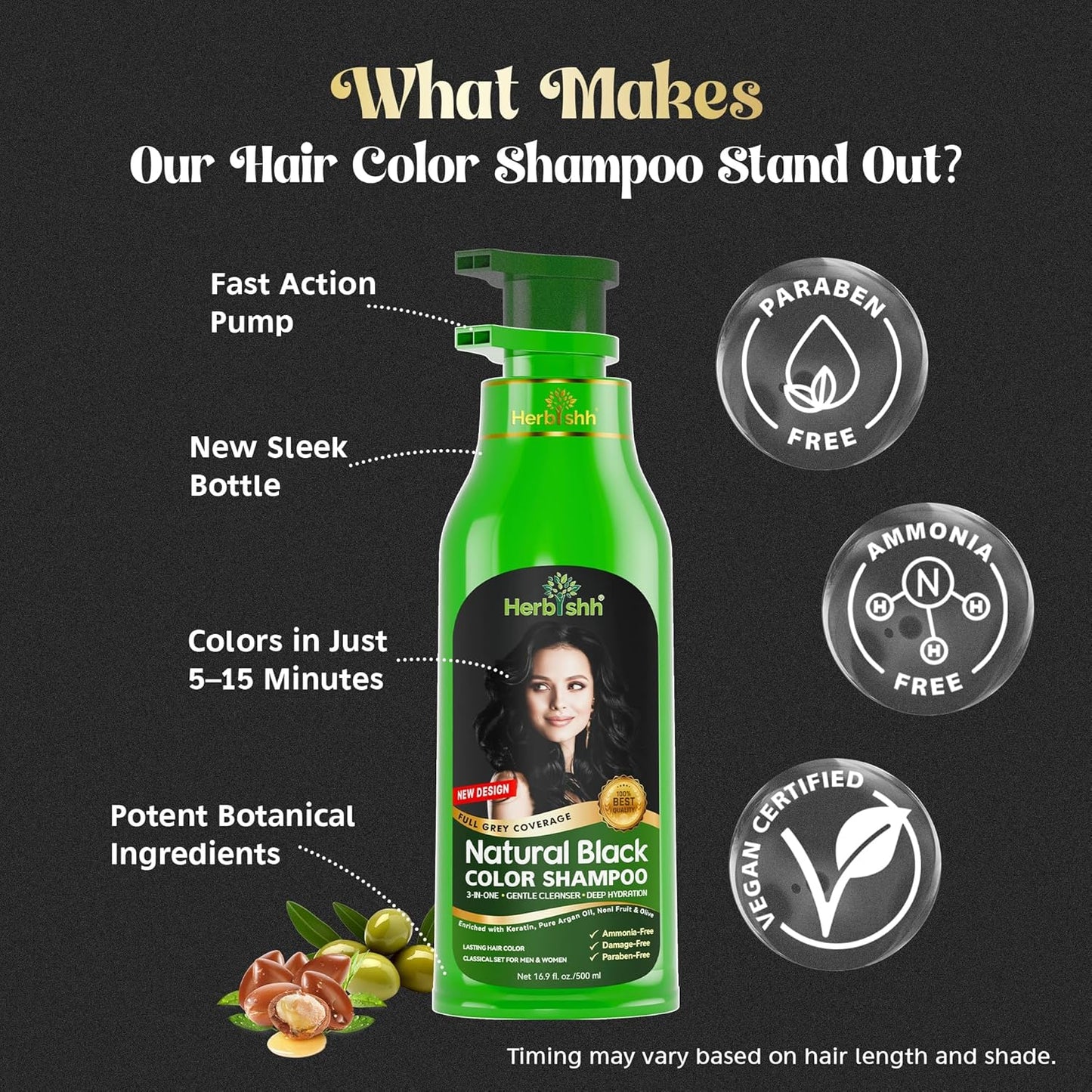 Herbishh™ Herbal Black Hair Color Shampoo - Colors Hair in Minutes – Lasts Up To 3-4 Weeks – 500ML – 3-In-1 Hair Color