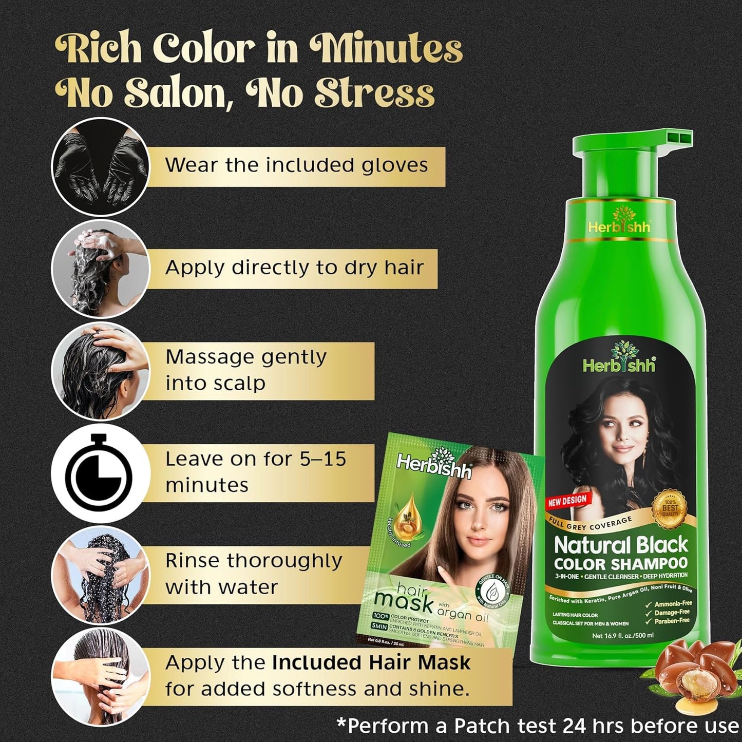 Herbishh™ Herbal Black Hair Color Shampoo - Colors Hair in Minutes – Lasts Up To 3-4 Weeks – 500ML – 3-In-1 Hair Color
