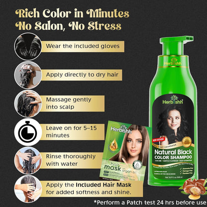 Herbishh™ Herbal Black Hair Color Shampoo - Colors Hair in Minutes – Lasts Up To 3-4 Weeks – 500ML – 3-In-1 Hair Color