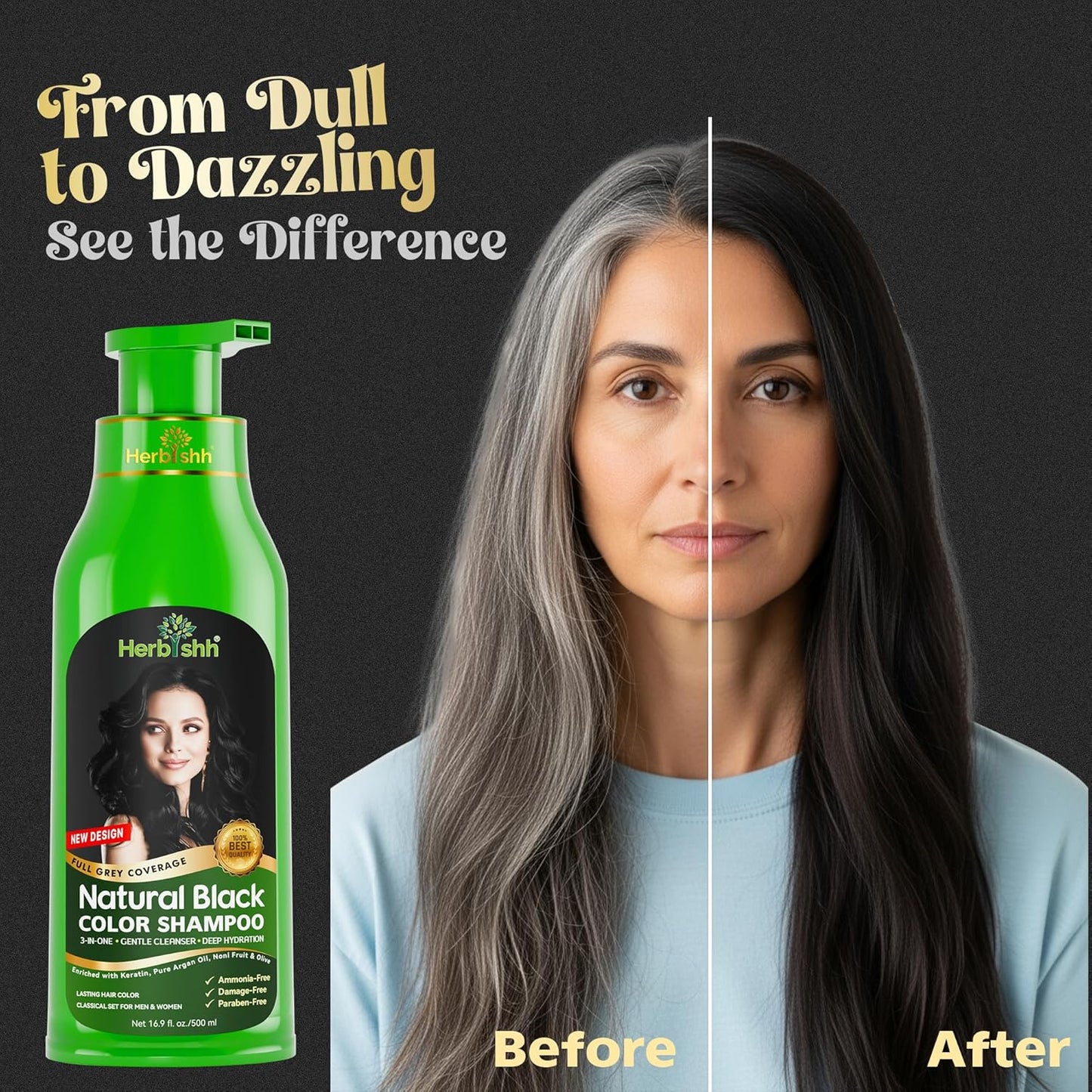 Herbishh™ Herbal Black Hair Color Shampoo - Colors Hair in Minutes – Lasts Up To 3-4 Weeks – 500ML – 3-In-1 Hair Color