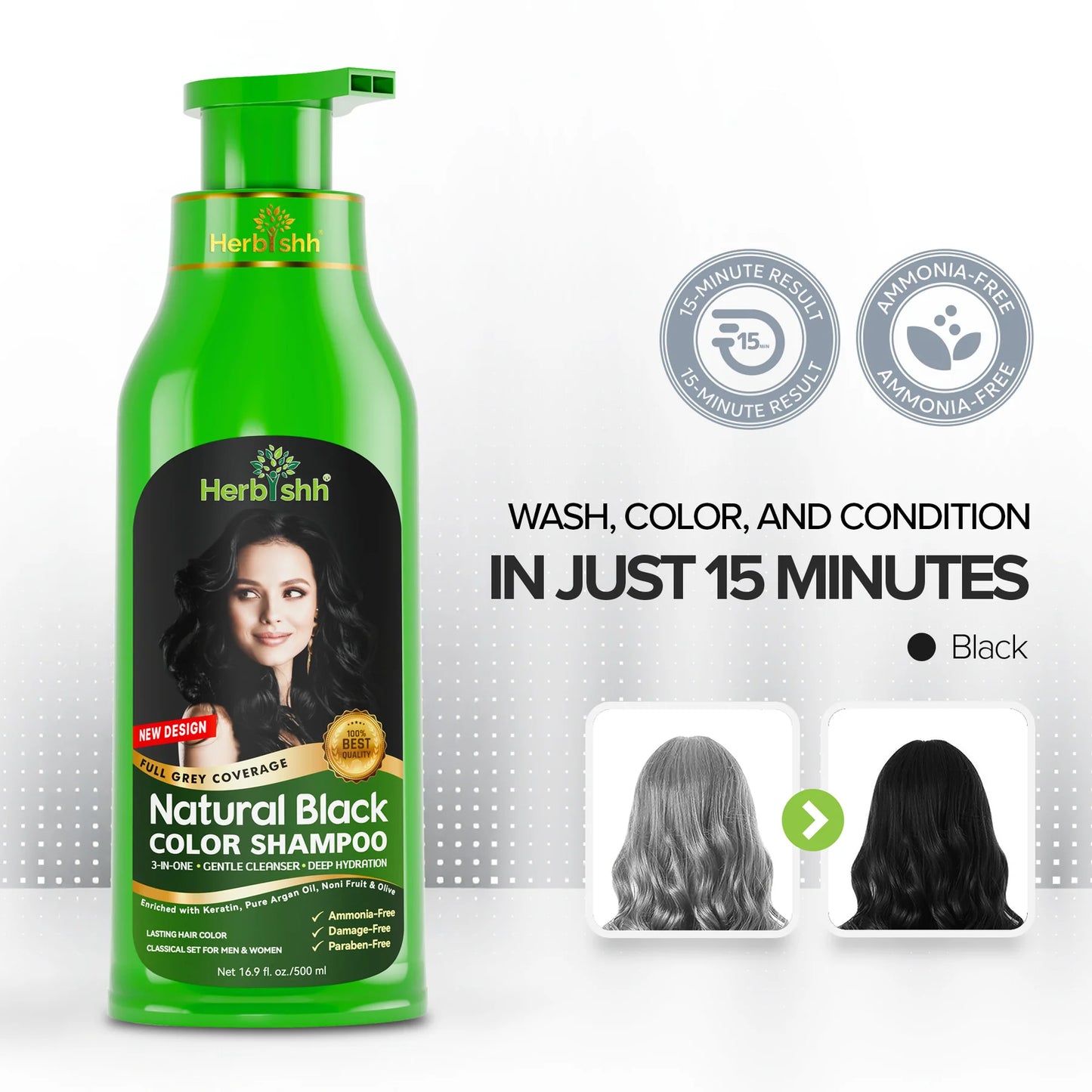 Herbishh™ Herbal Black Hair Color Shampoo - Colors Hair in Minutes – Lasts Up To 3-4 Weeks – 500ML – 3-In-1 Hair Color